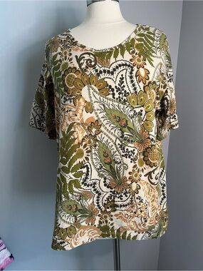 Denim & Co. Size 1X Green Brown Floral Short Sleeve Scoop Neck Top Tee T-Shirt